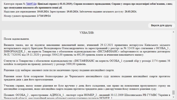 Справа № 710/97/24: Скасували виконавчий напис нотаріуса від ІНСТАФІНАНС